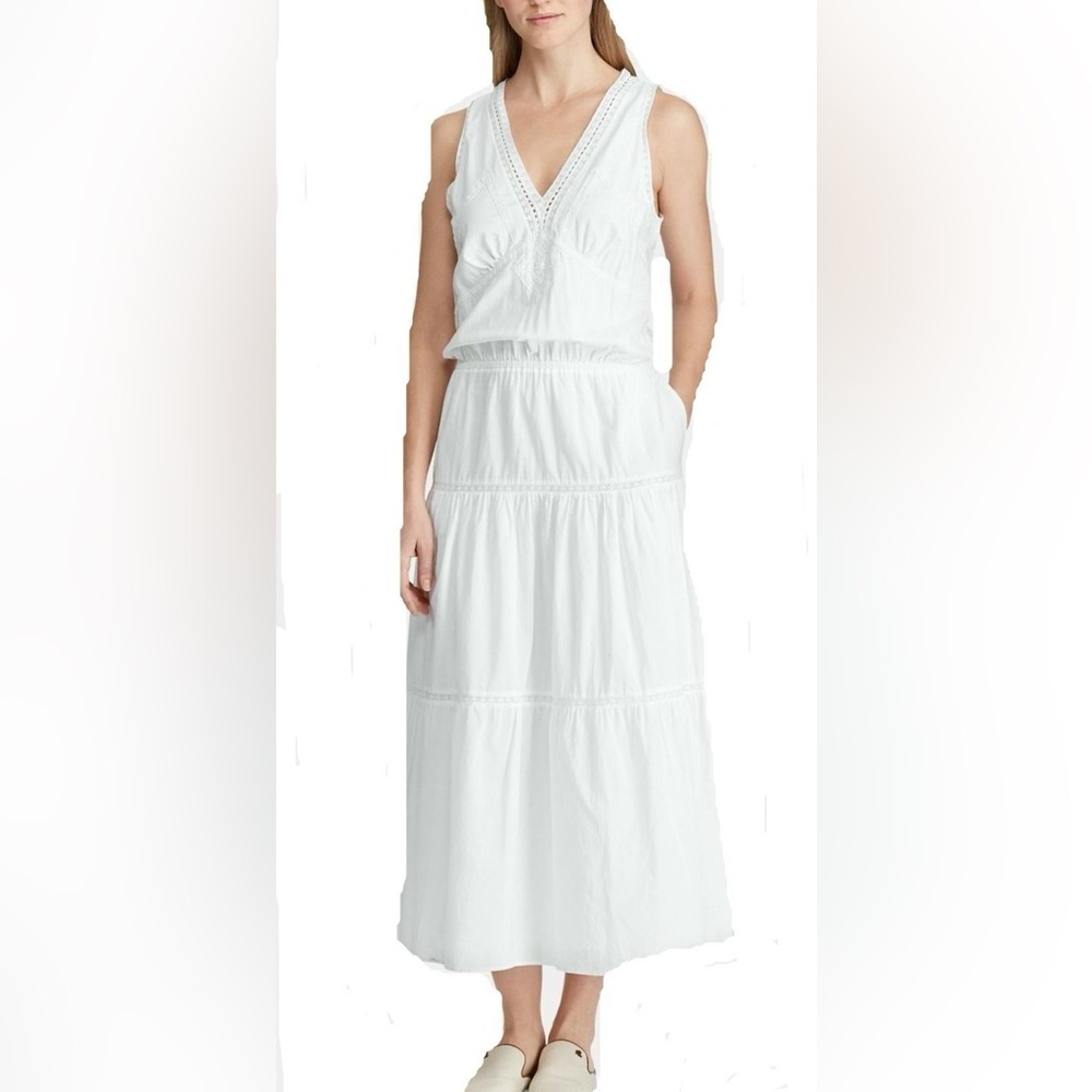 Lauren Ralph Lauren tiered lace v-neck pocket cotton midi dress
